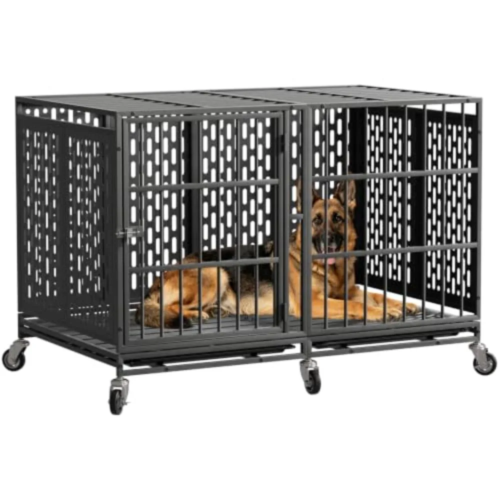 48 Inch Heavy Duty Dog Crate with Wheels, Metal Big Dog Cage for Large and Medium Dogs, Extra Large XL XXL