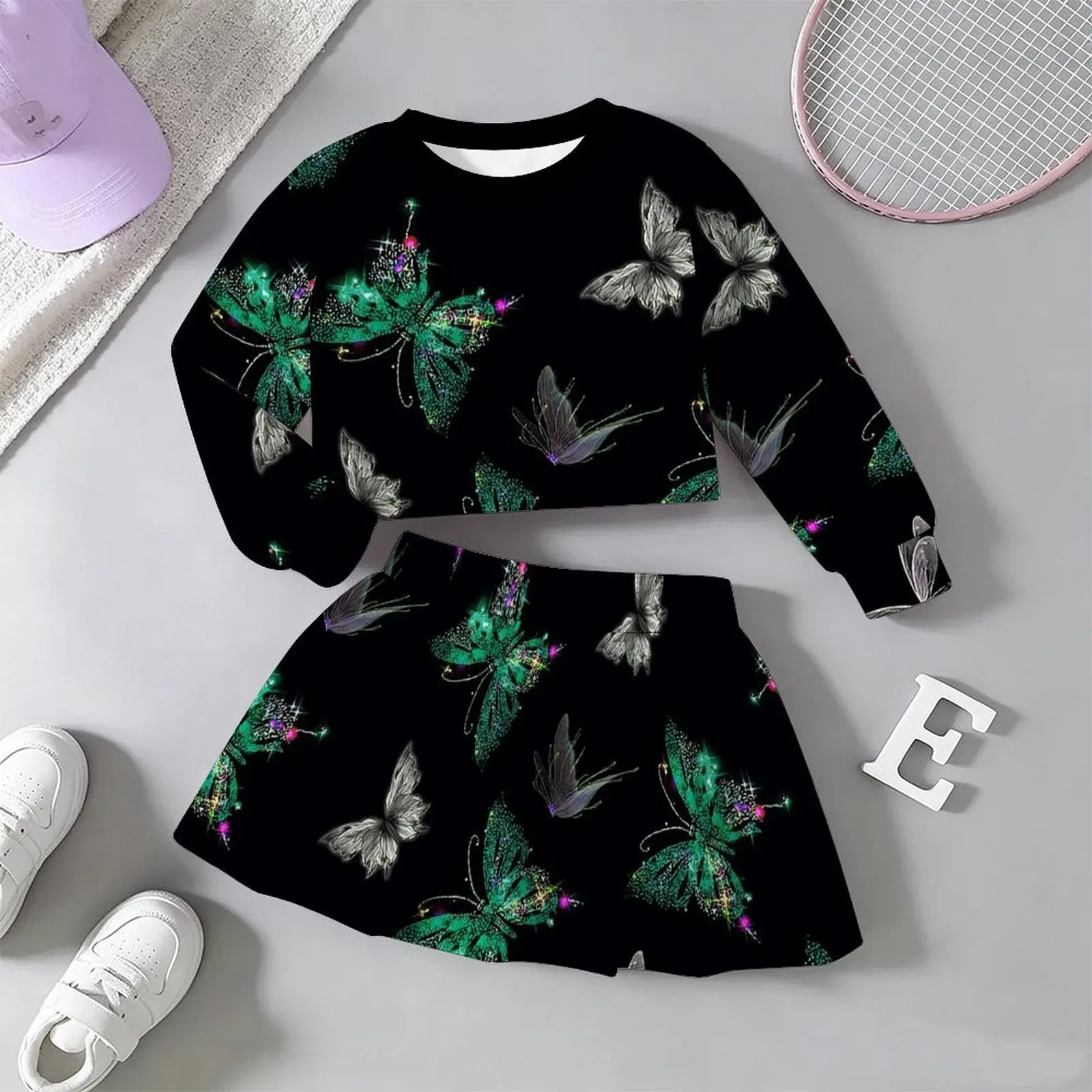 Lovely Kawaii Fairy Style Girls Outfit Long Sleeve Print Top A-line Skirt  Soft Breathable  For Wedding Flower Girl Party