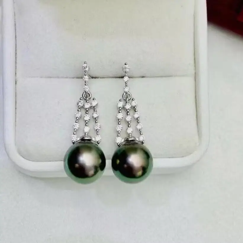 gorgeous pair of 10-11mm 9-10mm tahitian round black green pearl dangle earring 925s