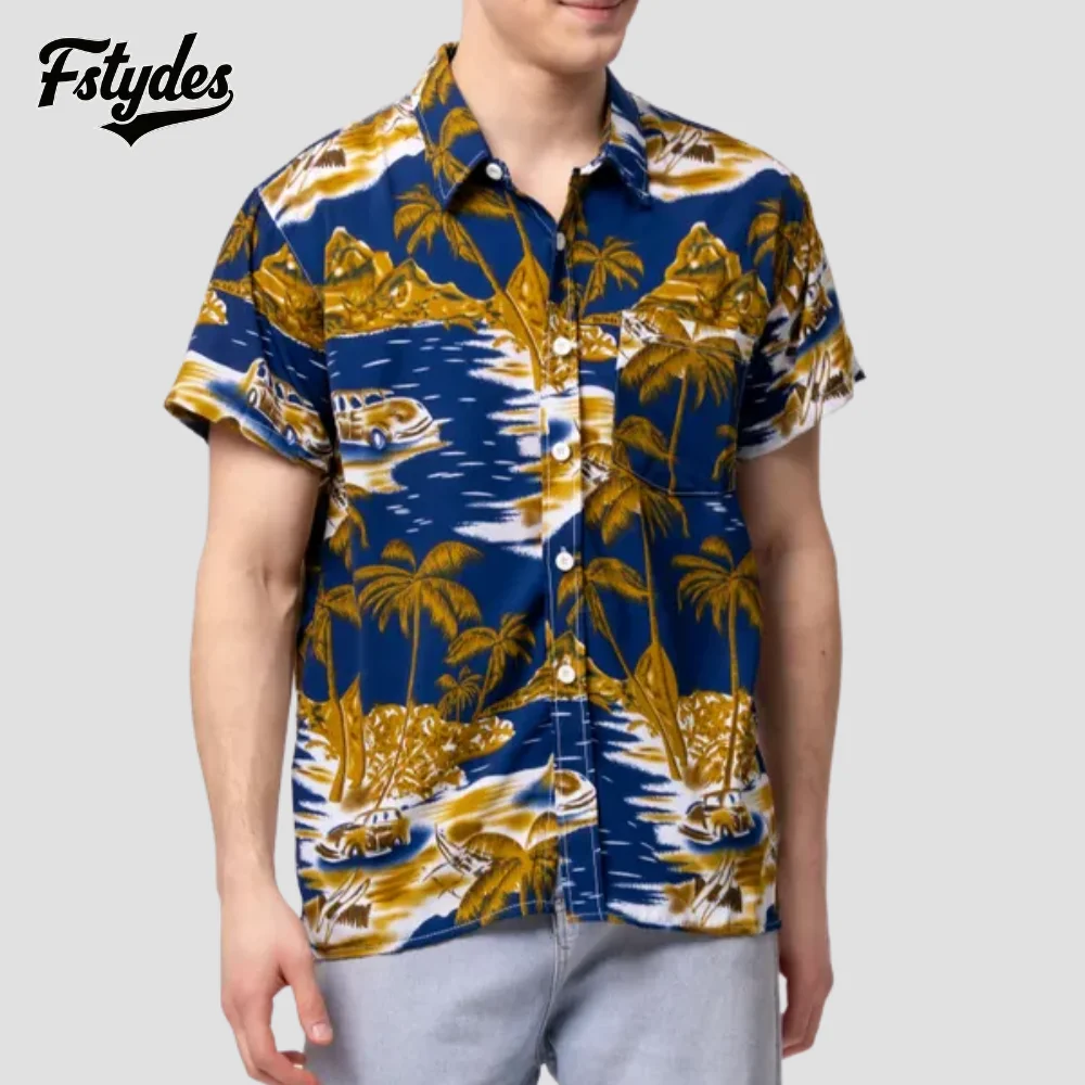 

Fstydes Hawaiian Shirt Short Sleeve Men'S Coconut Tree Graphics 3D Printed Clothing Vintage Clothing Lapel Shirt Top Man