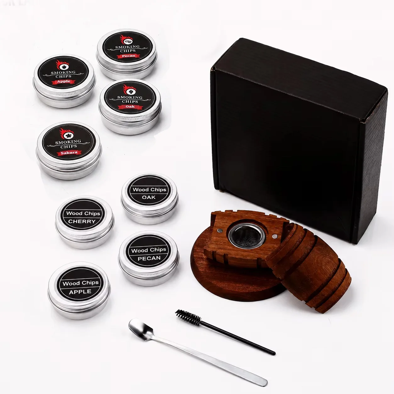 Kit Defumador de Whisky e Coquetéis em Madeira de Carvalho, Pistola Portátil para Defumação de Bebidas com Caixa de Fumaça de Madeira, Lascas de Madeira e Acessórios de Filtro