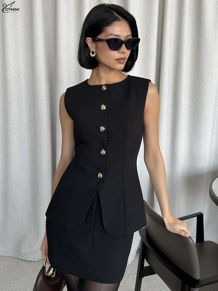 

Oymimi Casual Black Slim 2 Pieces Set For Woman Eleagnt O-Neck Sleeveless Single Breasted Shirts And Straight Mini Skirts Sets