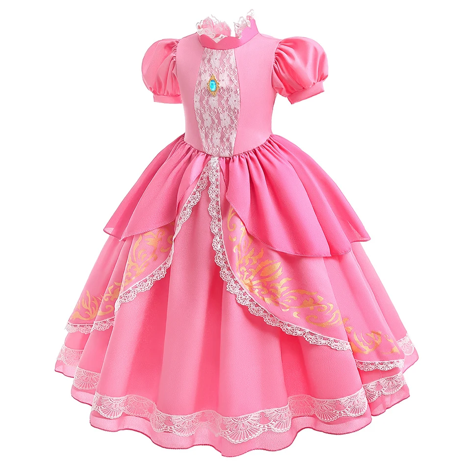 Fato de princesa pêssego feminino com luz LED, jogo de aniversário de criança, vestido de dramatização, vestido para o festival de Halloween, renda rosa, 4-8 anos