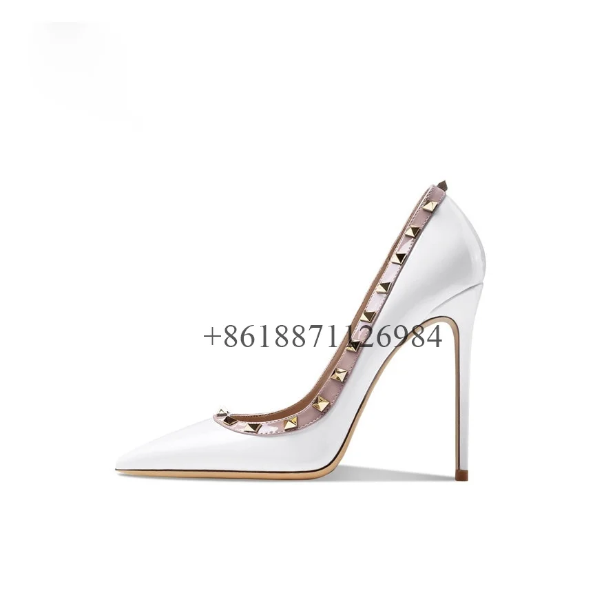 White Pointed Toe Shallow Women Pumps Shoes With Rivet Stiletto Super High Heels Slip On Design Large Size Wedding Shoes