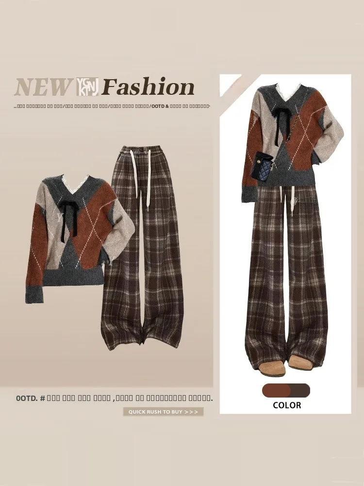 

Retro Hong Kong Sle Knitted Sweater And Wide Leg Pants Cheered Casual Outfit Two Piece Set for Women Winter Collection