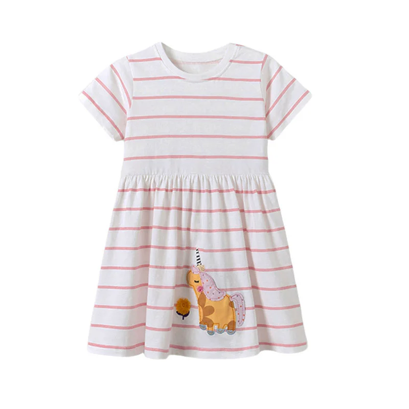 

Jumping Meters Striped Unicorn Summer Princess Baby Girls Dresses Animals Applique Party Birthday Kids Short Sleeve Frocks