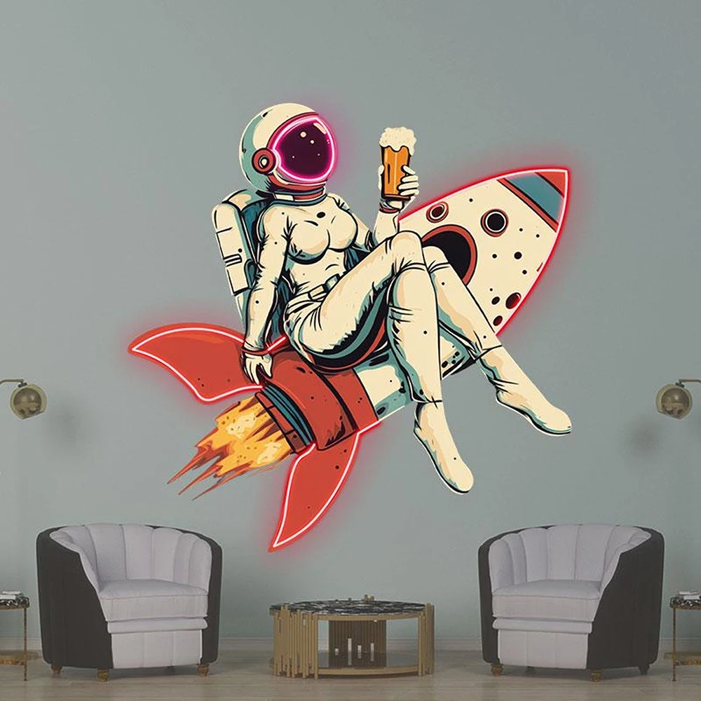 Astronaut Sitting On Rocket Drinking Beer Home Wall Decor Custom Led Neon Sign Handmade Beer Club Pub Decoration Neon Light