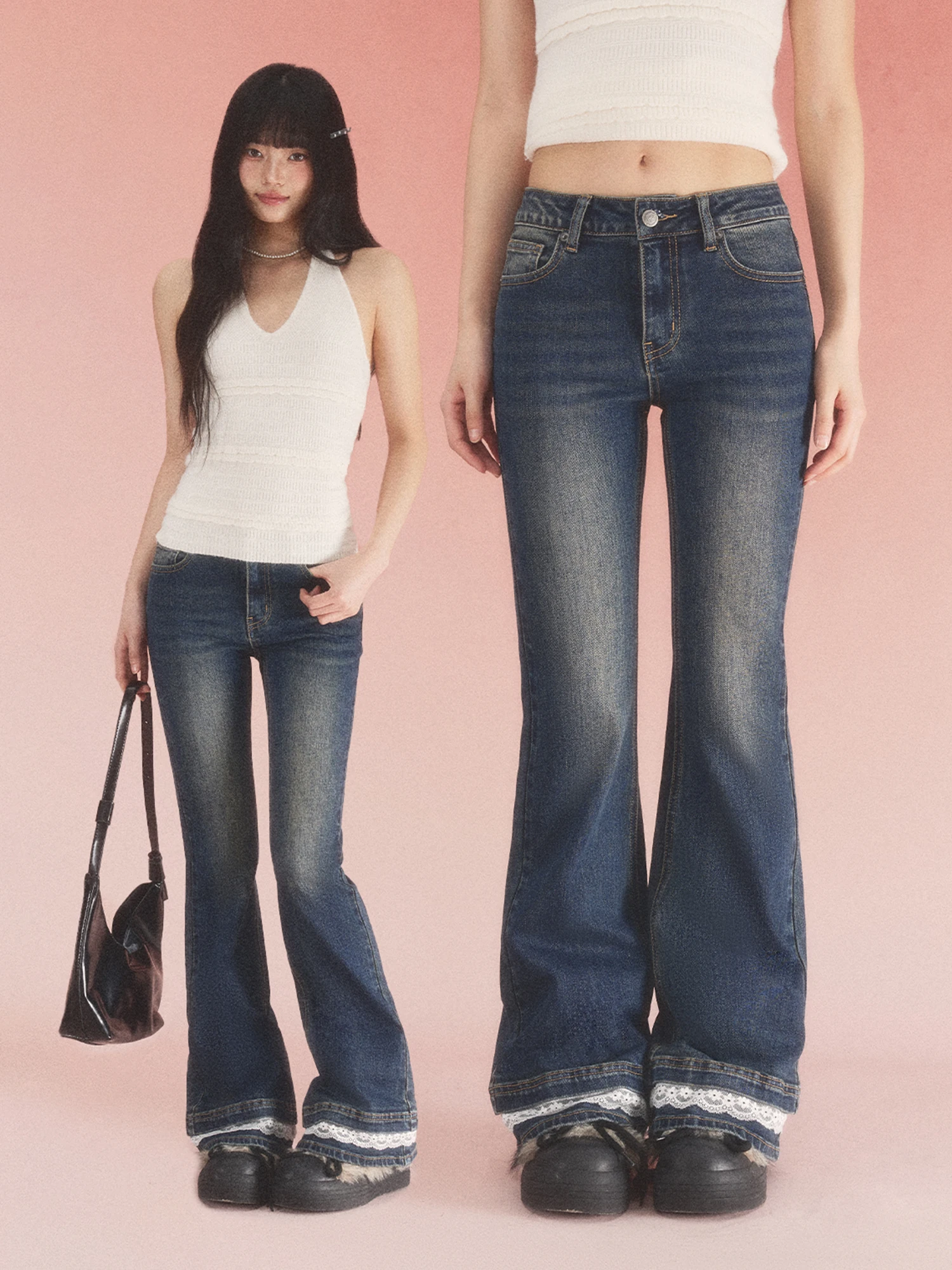 

Джинсы Wedhub Vintage с рваными краями и кружевными вставками, расклешенные, женские, облегающие, из хлопкового денима, очень стильные, новинка 2026 года