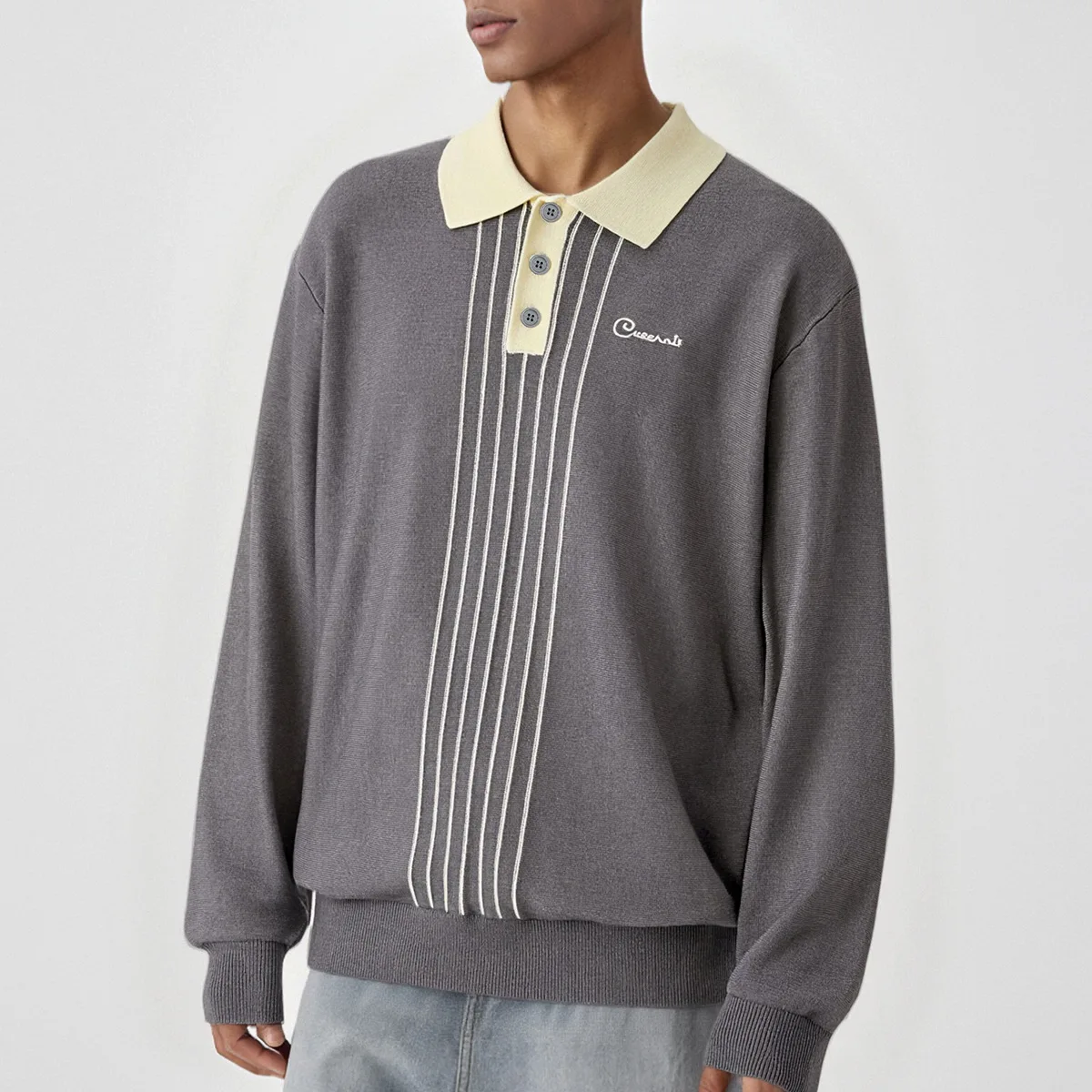 الرجال الخريف موضة شريط إلكتروني التطريز Vintage فضفاض بلوزة كاجوال محبوك قميص بولو سترة رجل البلوز تريكو القمم