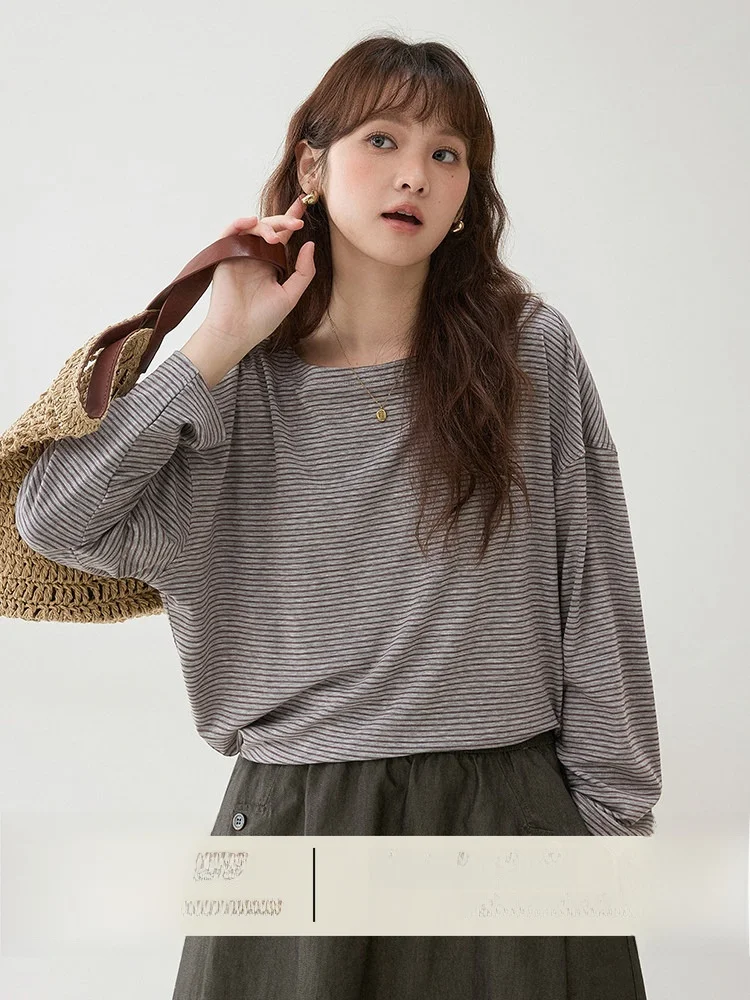 

AMUU Original Irregular Batwing Sleeve Dark Striped T-Shirt Women's Loose Spring New Style Casual Fashion Korean Version Top
