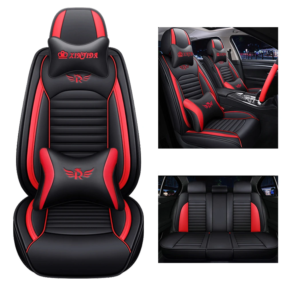 5-Seater Seat Cover Luxury Design PU Leather Red Universal Seat Cover, Including Standard Waterproof Headrest And Lumbar Pillow