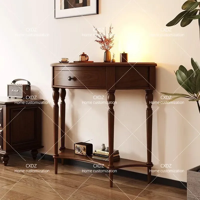 Small Apartment Semi Round Wall Cabinet Solid Wood Entryway Locker Entrance Table Console for Hallway Aisle Storage Platform