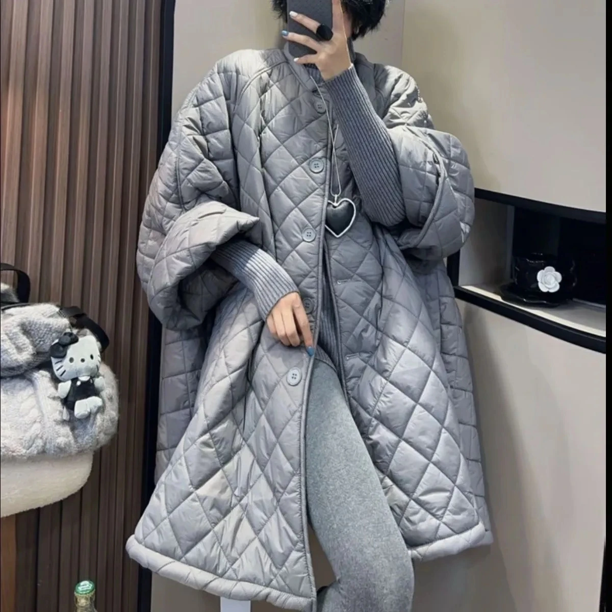 

100KG Women's Bat Wing Cotton Jacket, Oversized Cape Coat with Lantern Sleeves, Casual Loose Top for Autumn Winter w1391