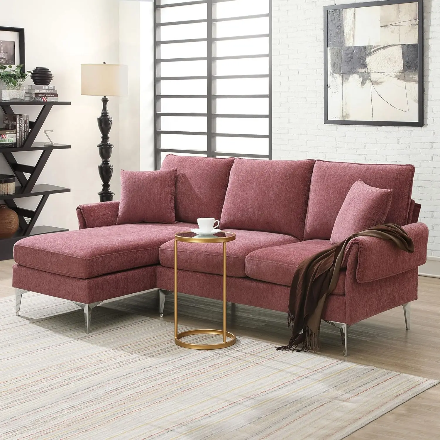 Sofa multifungsi, Sofa Chenille bentuk L Modern dengan kursi malas bolak-balik dan 2 bantal untuk ruang tamu