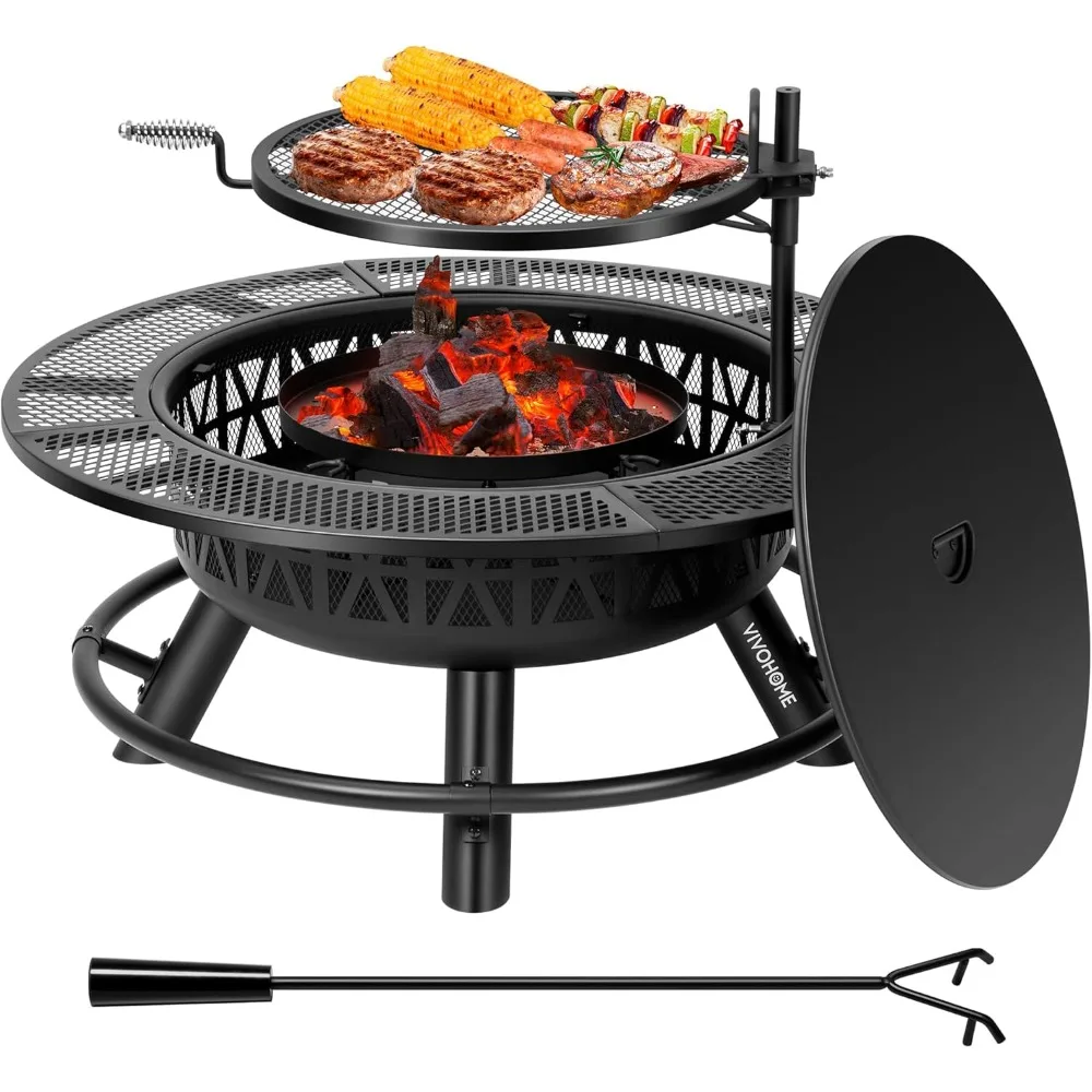 

35 Inch Fire Pit with Cooking Grill Grate & Charcoal Pan, 3-in-1 Wood Burning Firepits with Cover Lid, Metal Table for