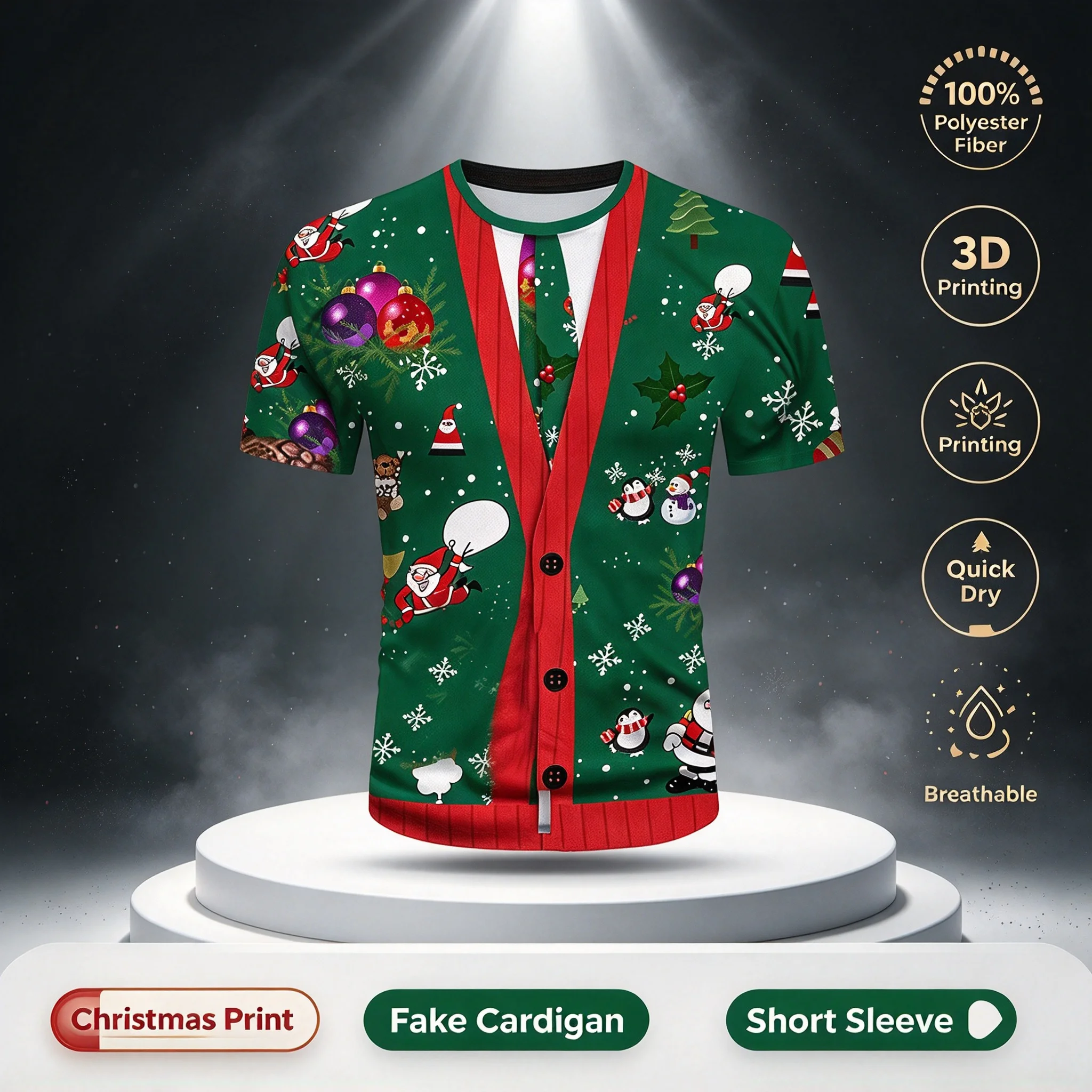 2026 Fun Christmas Red and Green 3D Printed Round Neck Santa Claus Novelty Party Short Sleeve Casual T-shirt Family Set