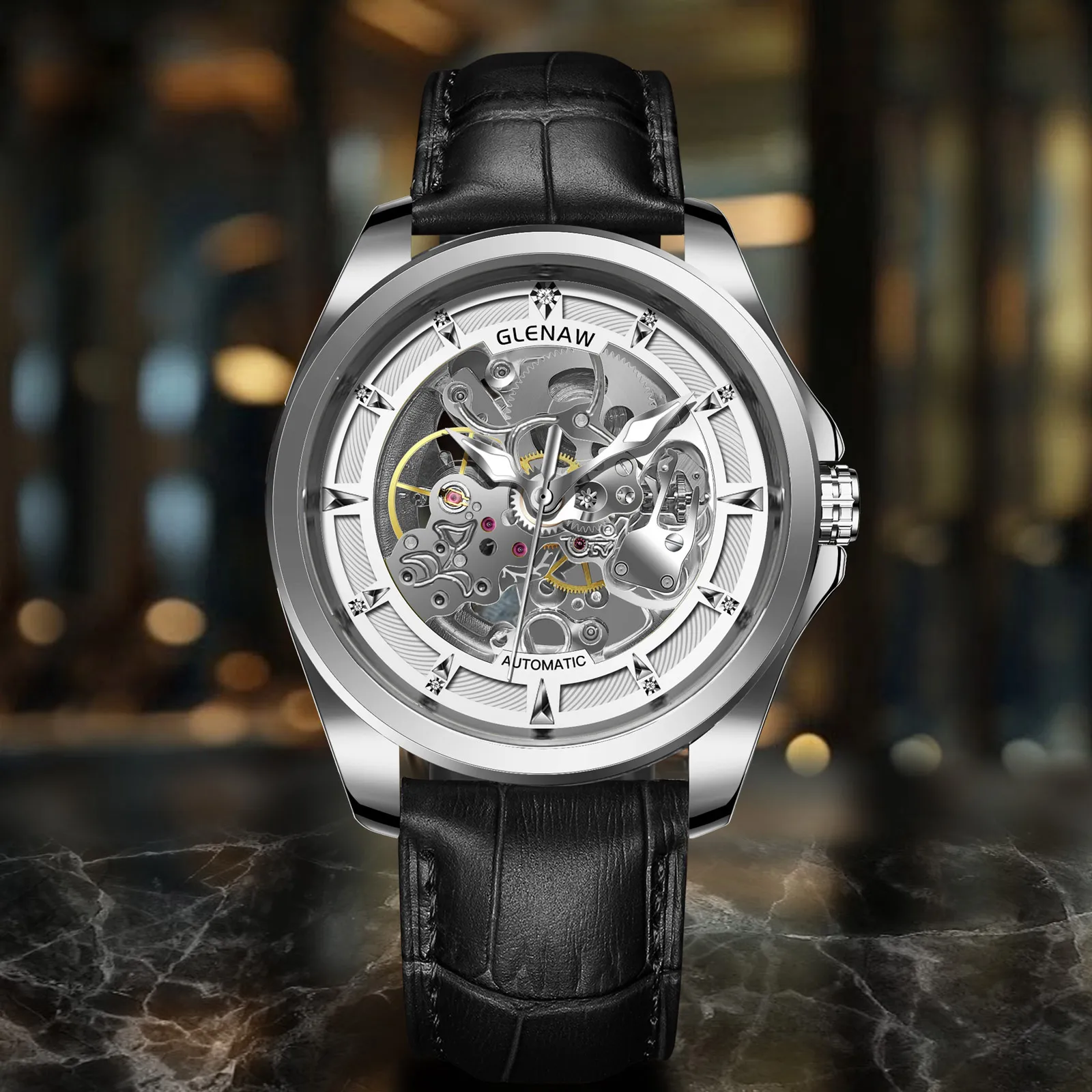 2026 GLENAW Brand Design New 43MM Luxury Mechanical Watch Men's Hollow Men's Watch Waterproof Automatic Watch Leather