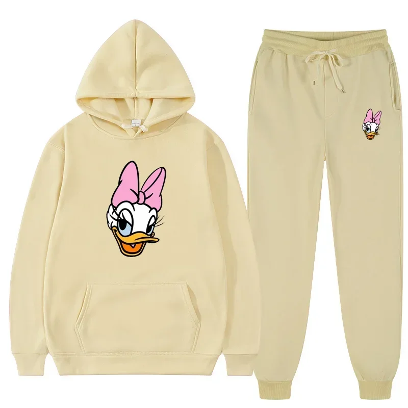 New Disney Daisy Duck Cartoon Print Casual Women\'s Pullover Long Pants Autumn Loose Hoodie+Pants 2 Piece Set