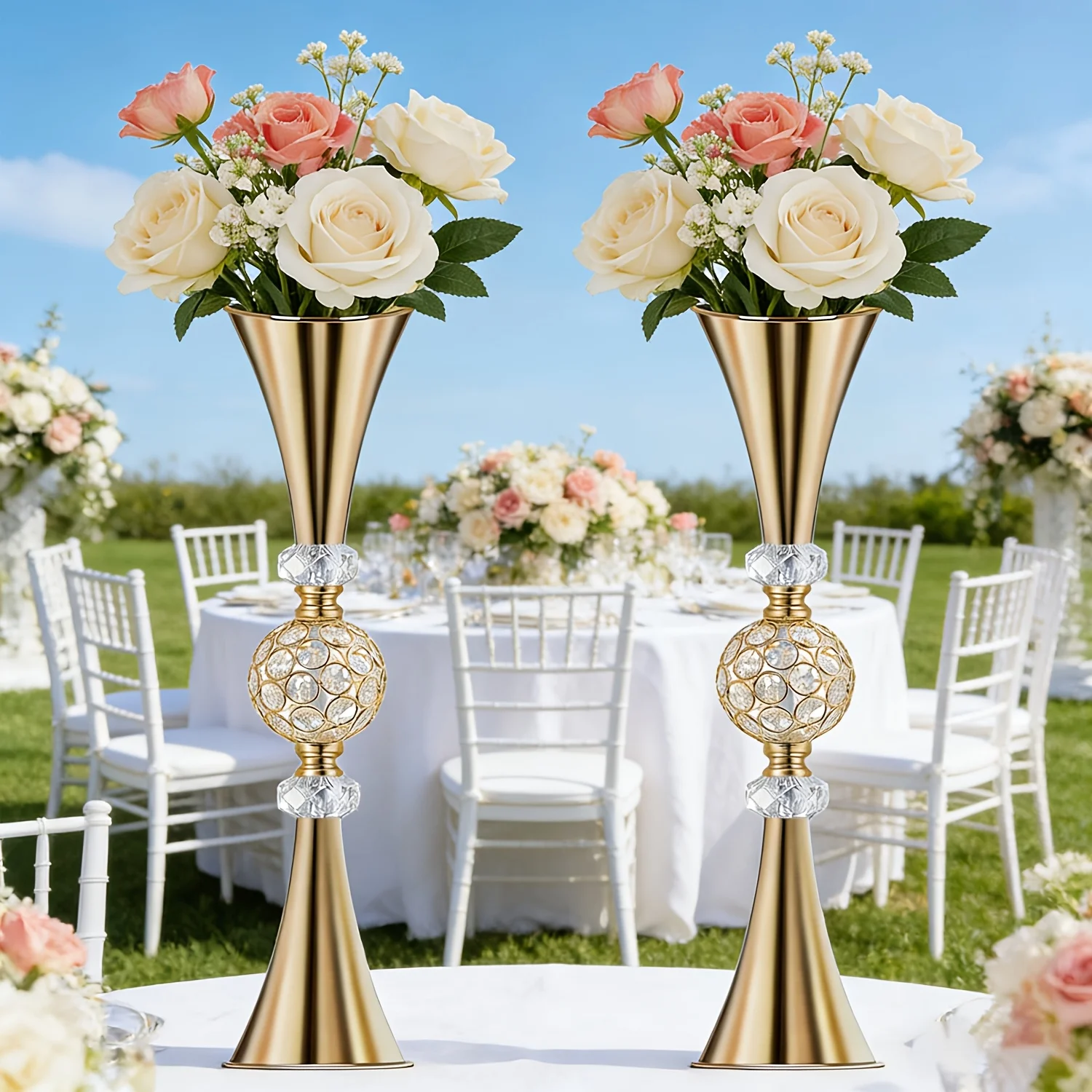 2pcs Elegant Golden Tall Crystal Flower Vases – 70 cm Trumpet-Shaped Vase Set for Table or Floor Display, Ideal for Bouquets, Ce view 6