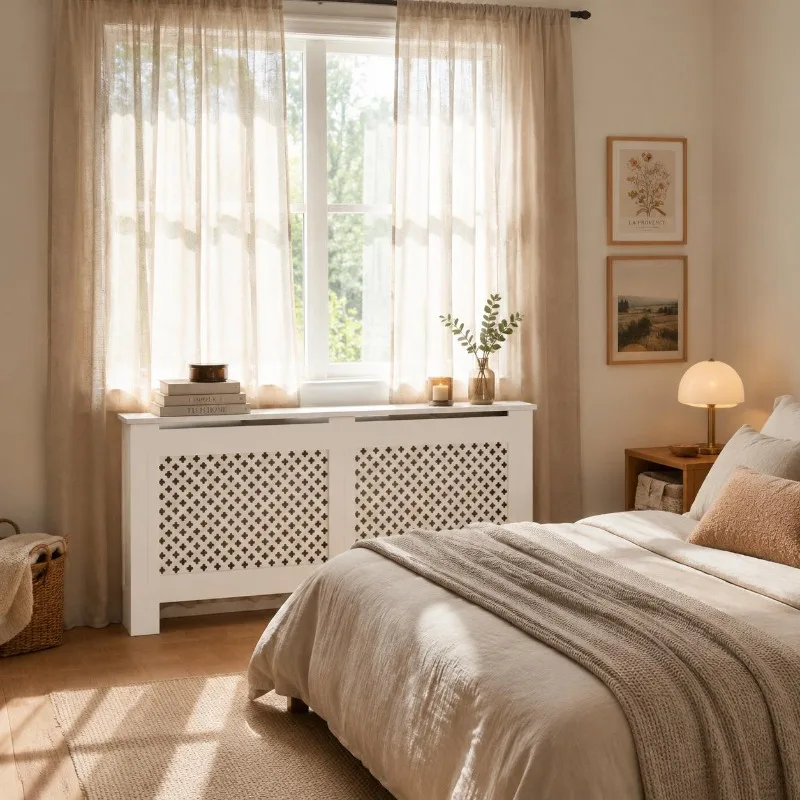 Couvercle de radiateur en MDF blanc 172 x 19 x 81,5 cm, style nordique moderne pour murs longs, couloirs et salons spacieux de appartements urbains et de maisons unifamiliales