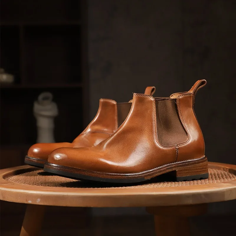 

British Style Washed Vegetable Tanned Cowhide Chelsea Boots Men's Shoes Business Handmade Genuine Leather Outdoor Ankle Boots