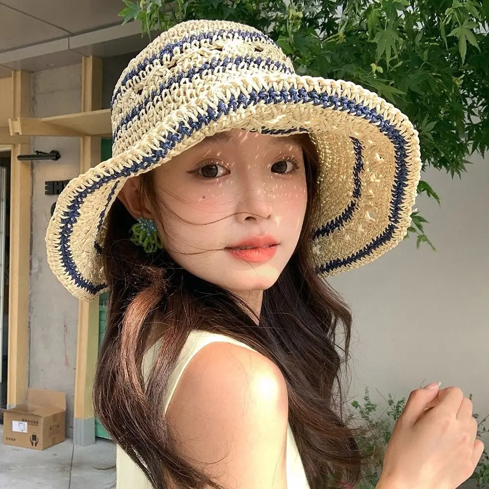 

Breathable Handmade Straw Bucket Cap Beach Summer Weave Crochet Hat Hollow Vacation Fisherman Caps Female