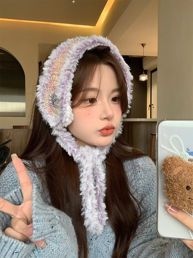 Retro Japanese Style Knitted Furry Ear Muffs Women's Winter Versatile Warm Cold Protection Cycling Ear Pads Fashion Accessories