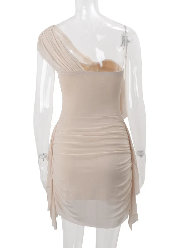 Oniflyme senza maniche in rete trasparente mini abito da donna lucido monospalla senza schienale increspato aderente partywear abiti trasparenti sexy