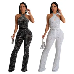 EINY Chic Luxury Sparkle Black Rhinestones Long Pants Party Jumpsuits Elegant Women Crystal Rompers Prom Nightclub Outfits y2k