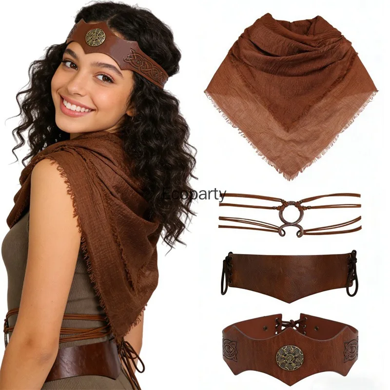 Nuevo Conjunto de 3 Accesorios de Disfraz Vikingo Medieval para Mujer, Estilo Punk Gótico, Bufanda Marrón, Diadema y Cinturón, para Halloween y Mascaradas