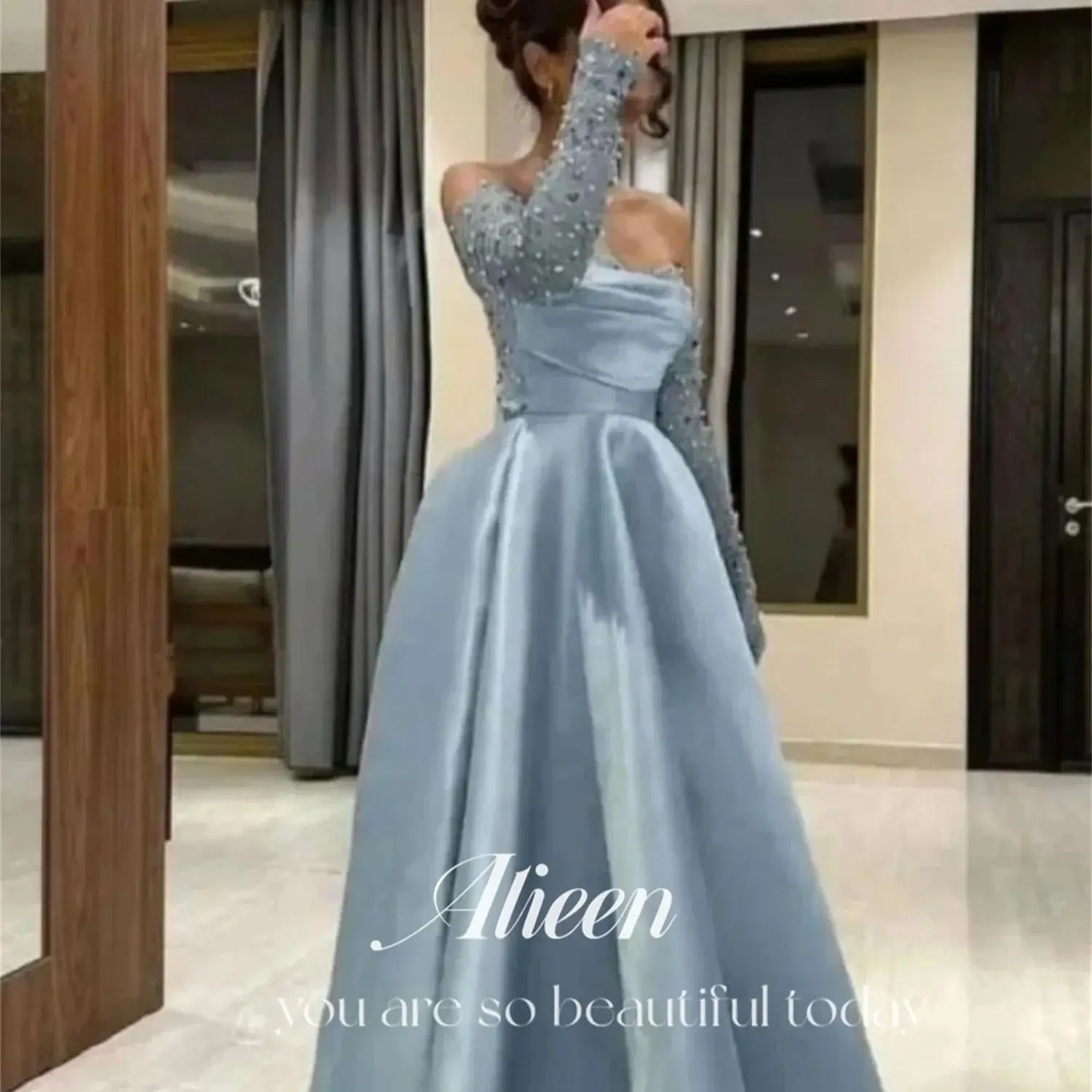 Long Sleeves Satin Bead Off the Shoulders Gray Blue Elegant Woman Wedding Party Dress Luxury Evening Dresses customized Gala