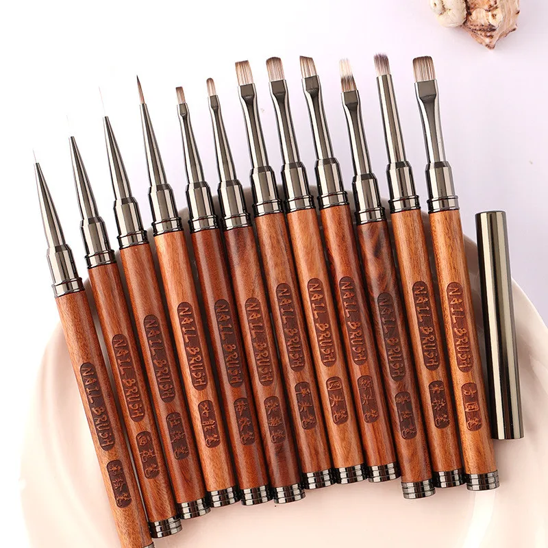 12種類のサンダルウッドハンドルネイルブラシ、マニキュアラインペイント、グラデーションUVジェルエクステンションビルダー描画ペン