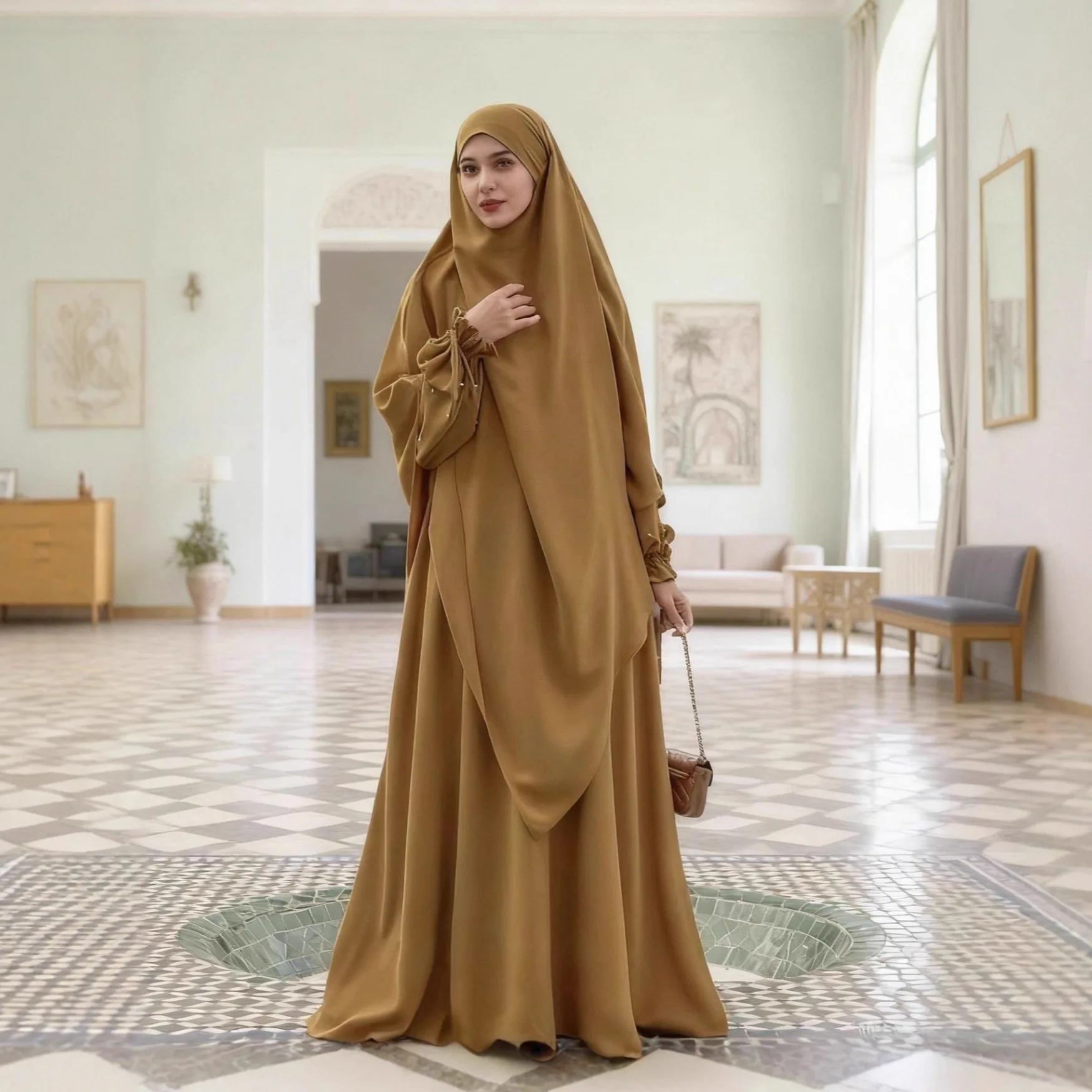 Women Dress with Khimar 2 Piece Set Prayer Garment Pearl Sleeve Party Dress Abaya Eid Muslim Caftan Robe Jalabiya Ramadan Dubai