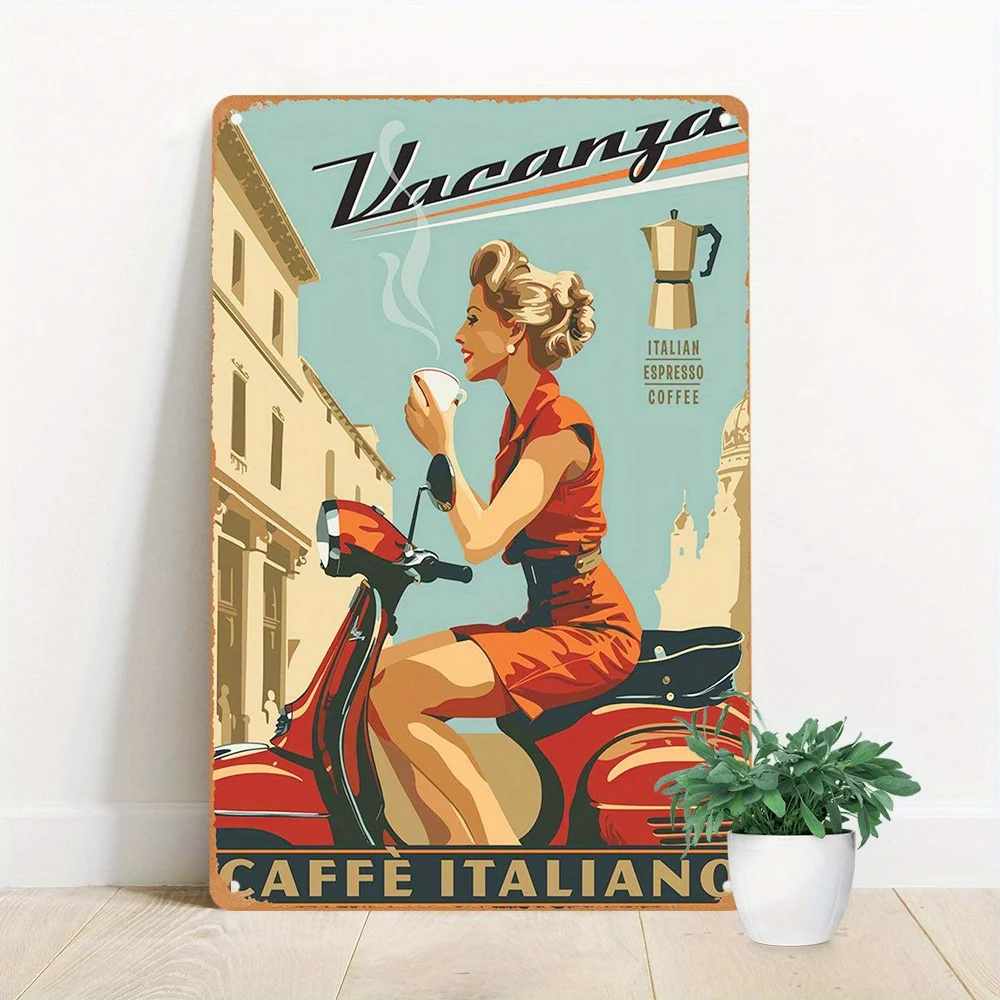 Targa in metallo vintage per caffè espresso italiano - Decorazione da parete retrò per caffetteria con scooter e motivi a tema caffè, poster impermeab