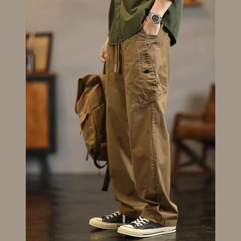 

Trendy American Retro Straight Leg Casual Pants Men Summer Thin Loose Haome Big ket Pure Cotton Workwear Trousers