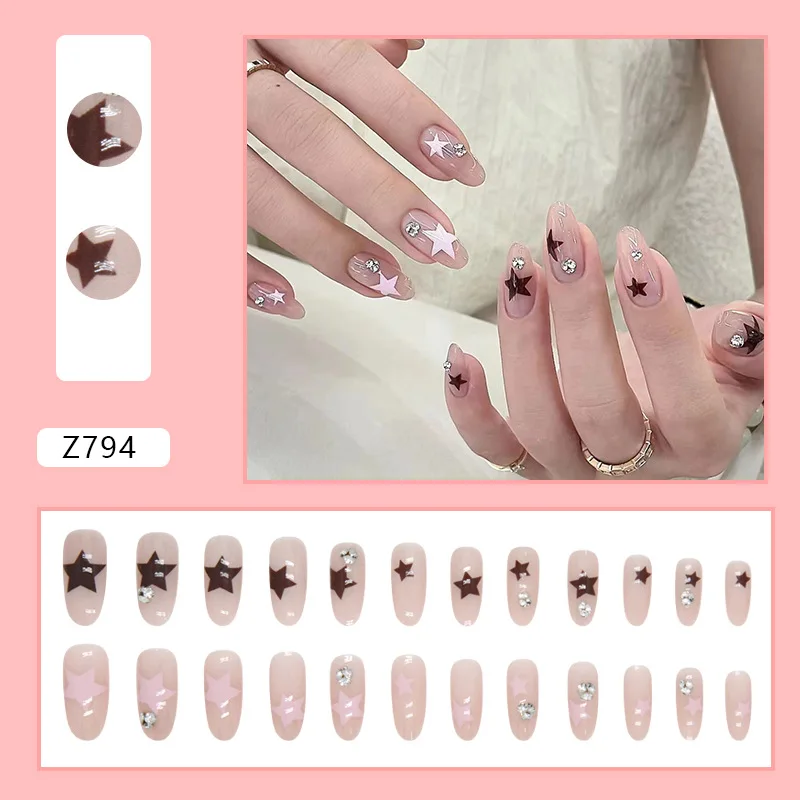 24pcs Oval Black Pink Star Fashion Rhinestone Nails Press on Full Set for Girls Medium Sweet Acrylic Decorated Fake Nails Cheap