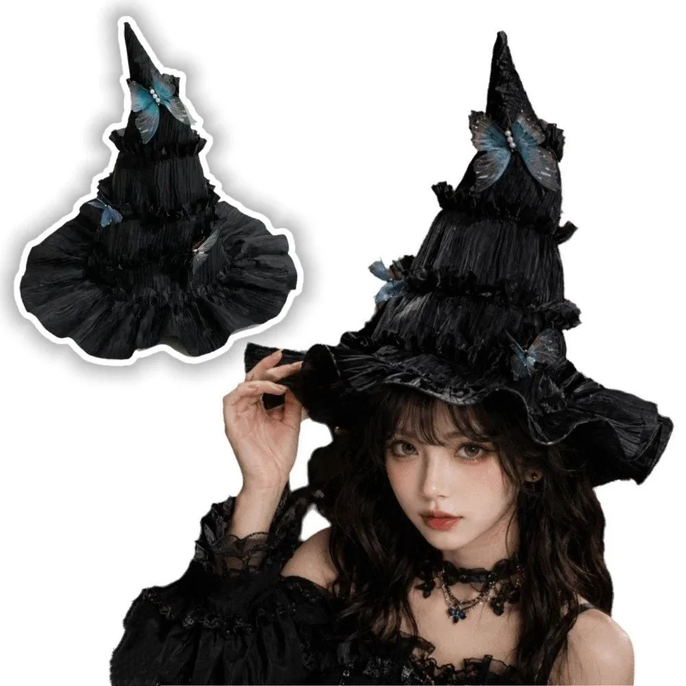 Gothic Halloween Hat Tall Pointed Cone Top Butterfly Hair Clips Women's Wizard Cap Bendable Removable Pointed Mage Hat