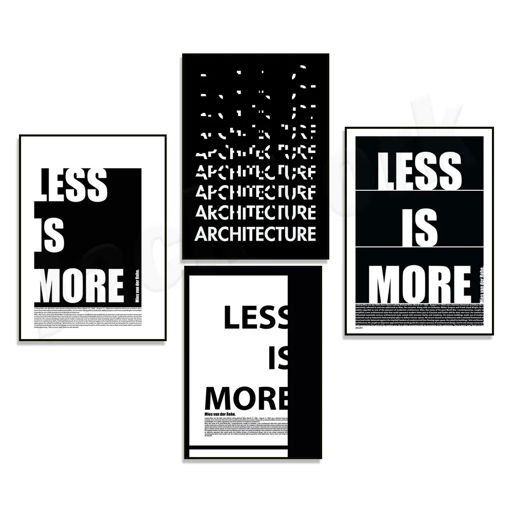 

Poster quote, graphic design architecture illustration Mies van der Rohe less is more, minimal poster written architecture