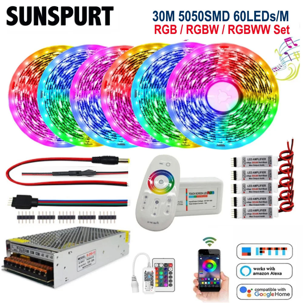 5-30M SMD 5050 RGBW RGBWW flessibile RGB LED Strip Set WIFI RF 2.4G Touch telecomando 12V alimentatore adattatore amplificatore interno