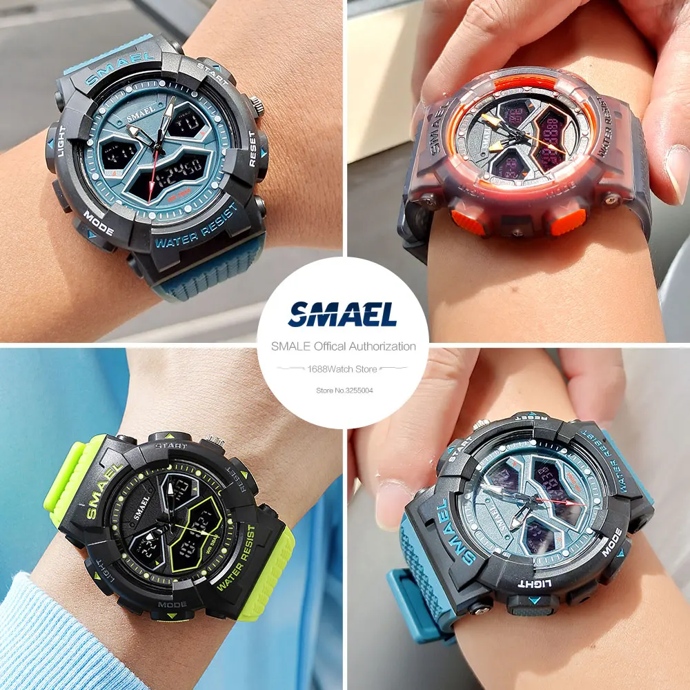 SMAEL Dual Time Digital Watch for Men Military Sport Green Chronograph Quartz Wristwatch with Auto Date Week Waterproof 8073