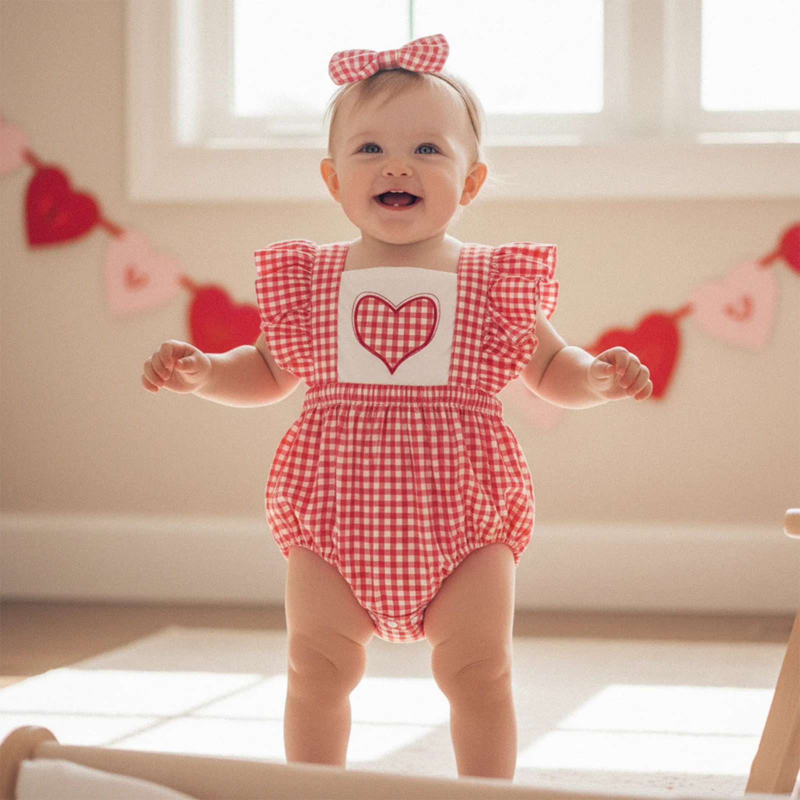 

Suefunskry Newborn Baby Girl Outfit, Fly Sleeve Plaid Embroidery Heart Romper with Hairband Valentine’s Day Clothes