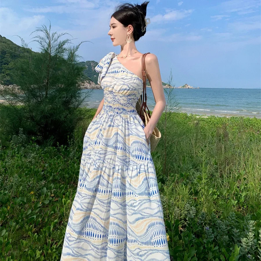 Summer New Halter Neck Off-The-Shoulder French Long Dress Beach Vacation Oil Painting Dress Women's Trendy Beautiful Dress