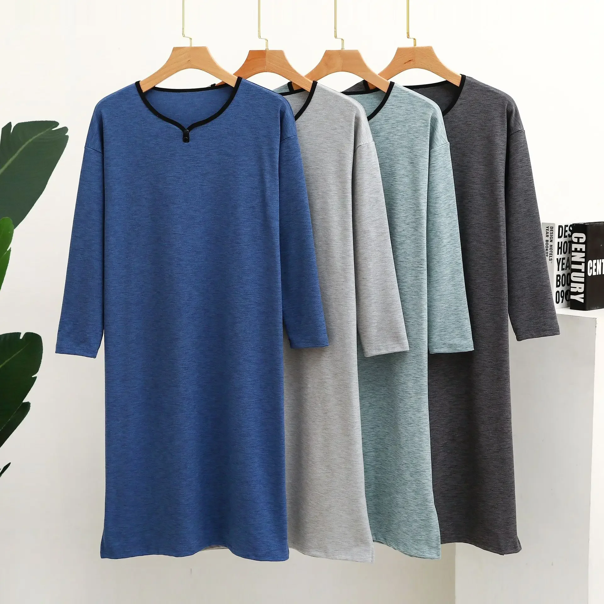 가을과 겨울 다채로운 두꺼운 버튼 업 칼라 긴 소매 플러스 사이즈 원피스 잠옷 홈 남성 목욕 가운 Nightshirt