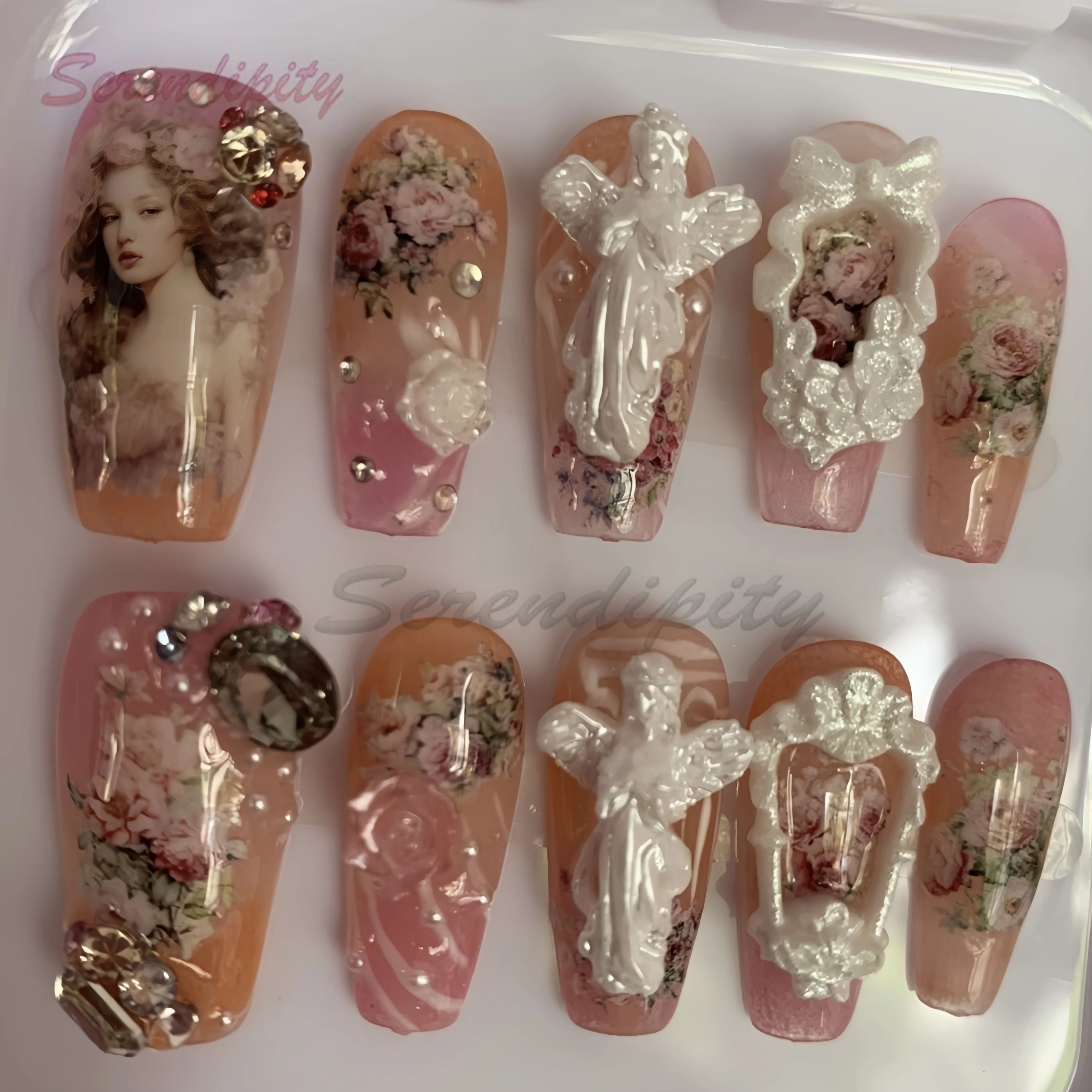 10Pcs Handmade Manicure Medium Trapezoid Fake Nails Barack Style Goddess Nails Press On Nails Design with Adhesive Nail File Set