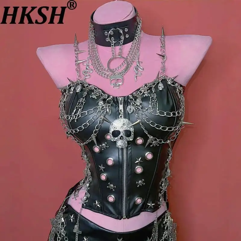 

HKSH Women Camisole Y2K Hot Girl European American Sexy Punk Gothic Chain PU Leather Zipper Hole Bandage Tank Top Summer HK23983