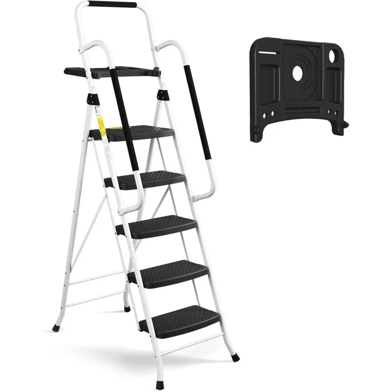 Folding Step Stool Portable Steel Ladder for Adults for Home Kitchen Library Office, White