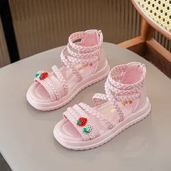 Kids Girls GLADIATOR Sandals Open Toe Knitted Strawberry 2023 New Summer Non Slip Flat Children Casual Shoes Roman Shoes Simple