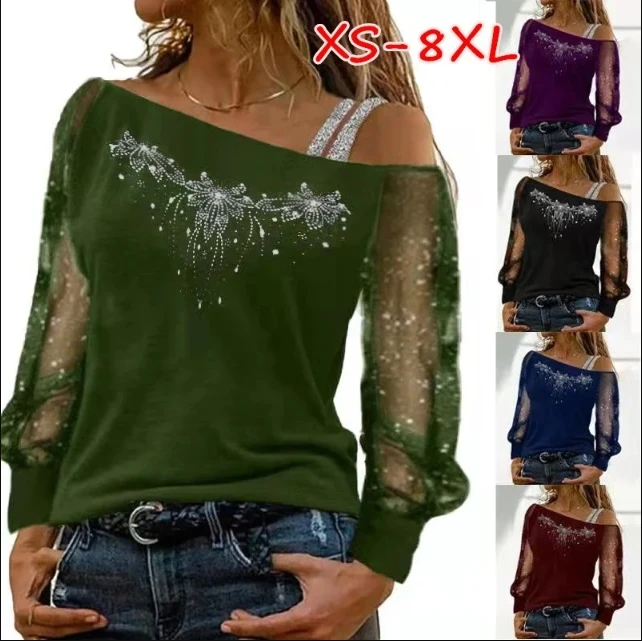 Damskie nowe modne casualowe bluzki z długim rękawem damskie seksowne z odkrytymi ramionami luźne t-shirty z siatką
