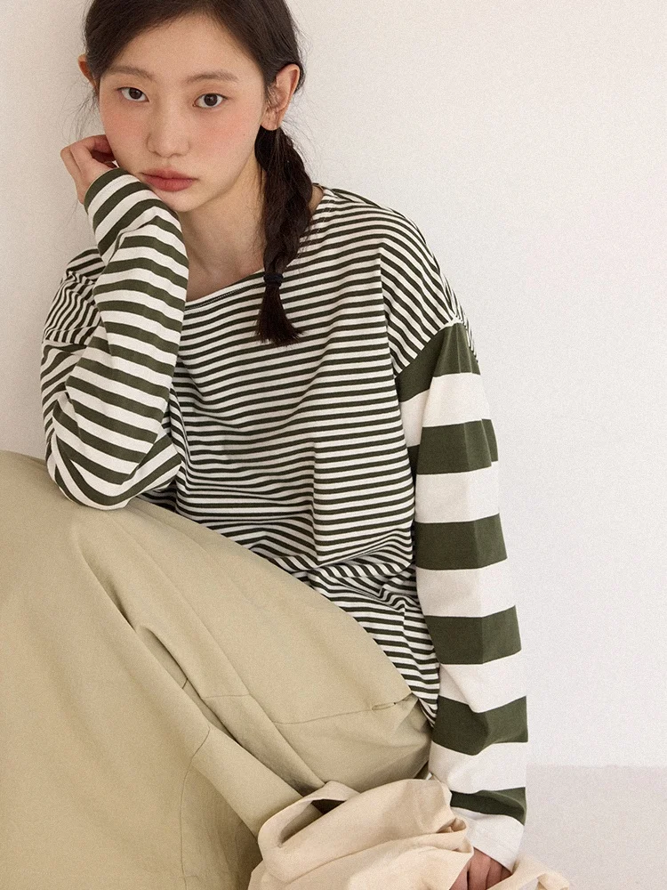 

Свободная женская футболка с круглым вырезом и длинными рукавами в полоску, 100% хлопок, удобная, дышащая, повседневная, модная, весна-осень