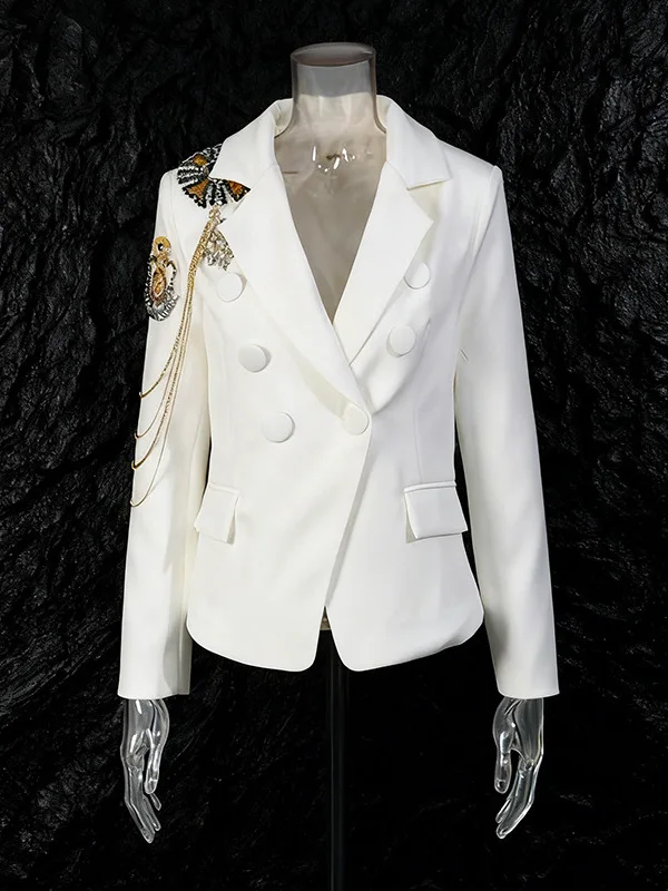 

Slimming Effect Heavy Work Embellished Double Row Button Waist Cinched Women's Suit Jacket Autumn Winter Design